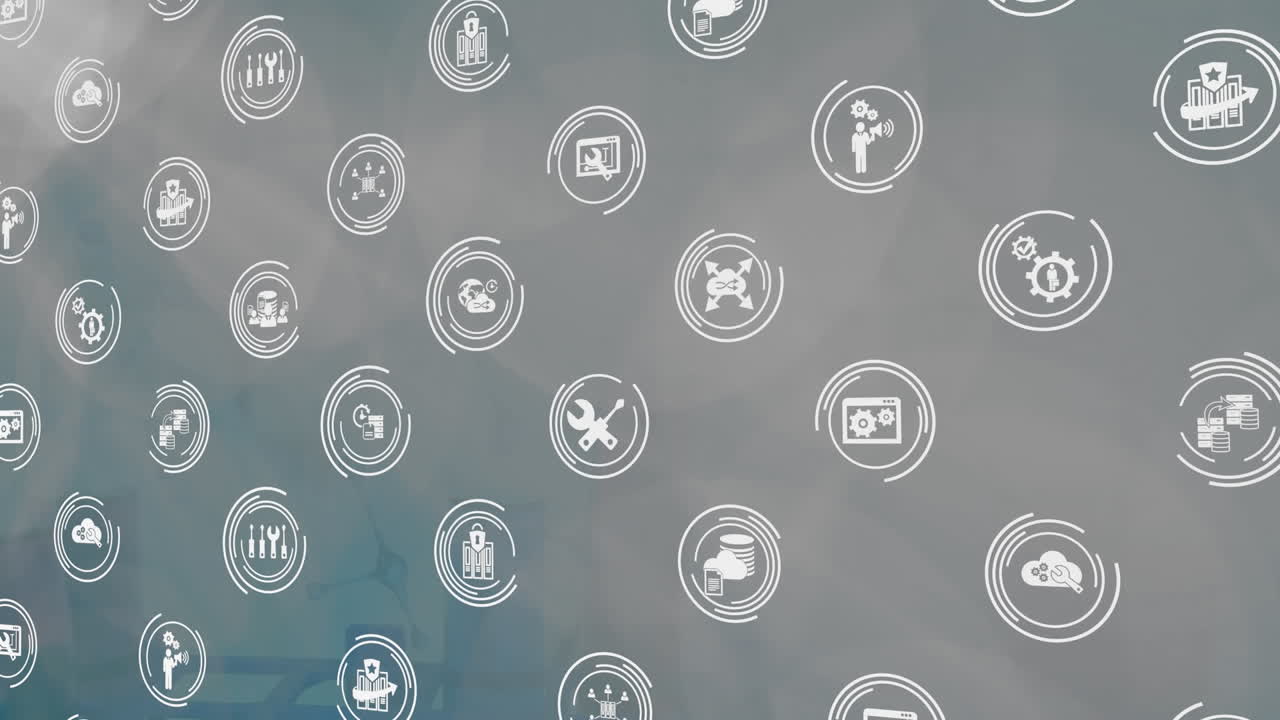 Animation of icon in loading circles with lens flares over abstract background