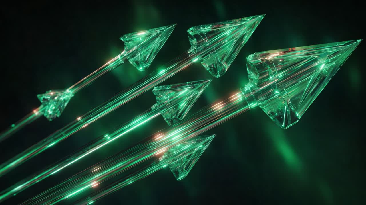 Luminous green crystal arrows flying in formation on a dark background, representing concepts of progress, direction, technology, and success in a futuristic and abstract visual display