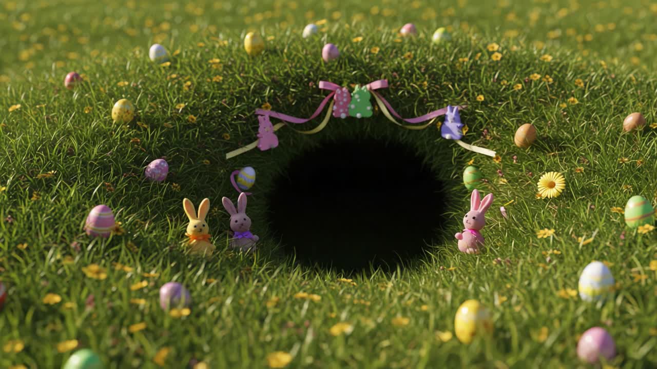 A Whimsical Spring Scene Featuring Vibrant Easter Bunnies Surrounding a Hidden Hole in the Grass Adorned with Colorful Eggs and Flowers, Perfect for Celebrating the Season's Joy