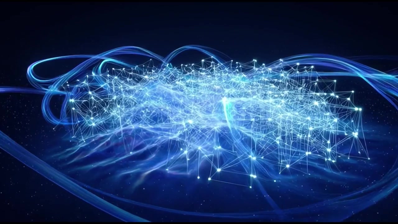 Abstract Digital Network Connection Forming Over Glowing Blue Waves
