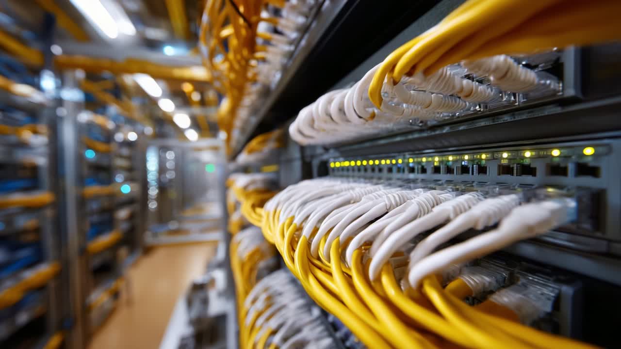 Cables and Connections: A Close-Up View of Networking Equipment in a Data Center with Yellow Ethernet Cables and Illuminated Ports Highlighting Data Flow