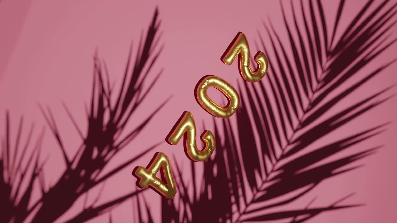 globo dorado 2024 en siluetas de palmas de fondo rojo vertical