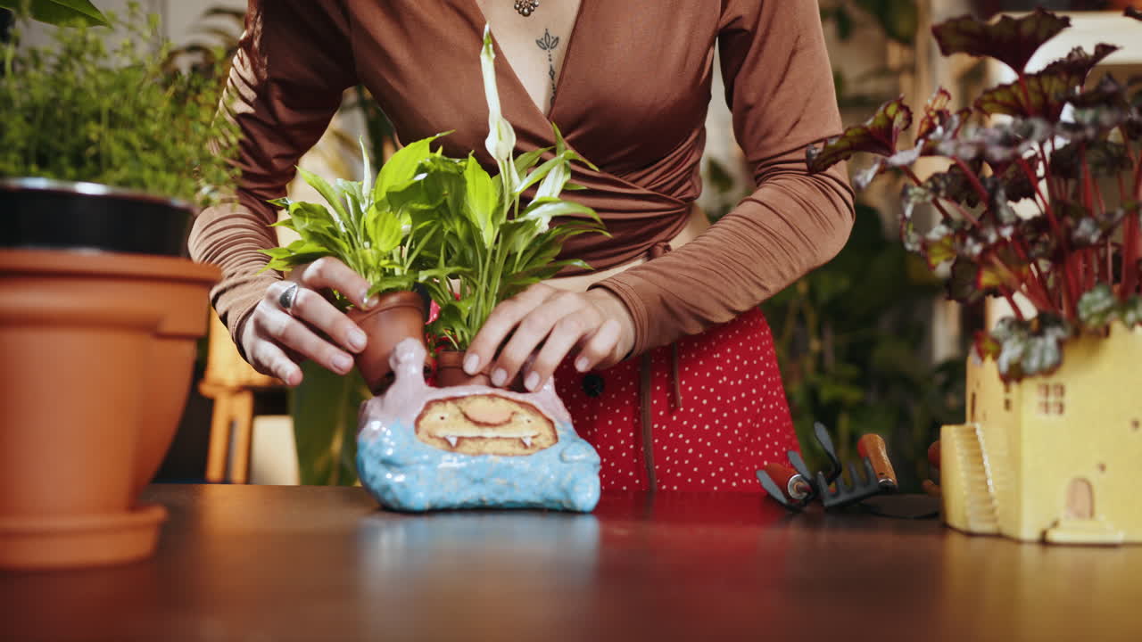 mujer colocando una planta en una olla de cerámica única