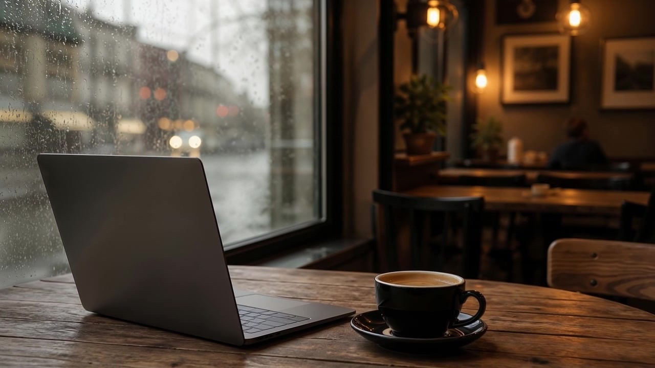 Open laptop computer and a cup of coffee on a wooden table inside a cafe on a rainy day