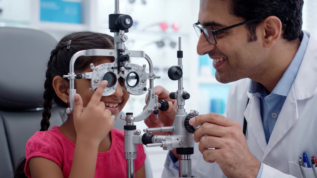 A Young Girl Enjoys an Eye Examination with a Friendly Optometrist, Discovering the Wonders of Vision Care in a Modern Clinic Setting