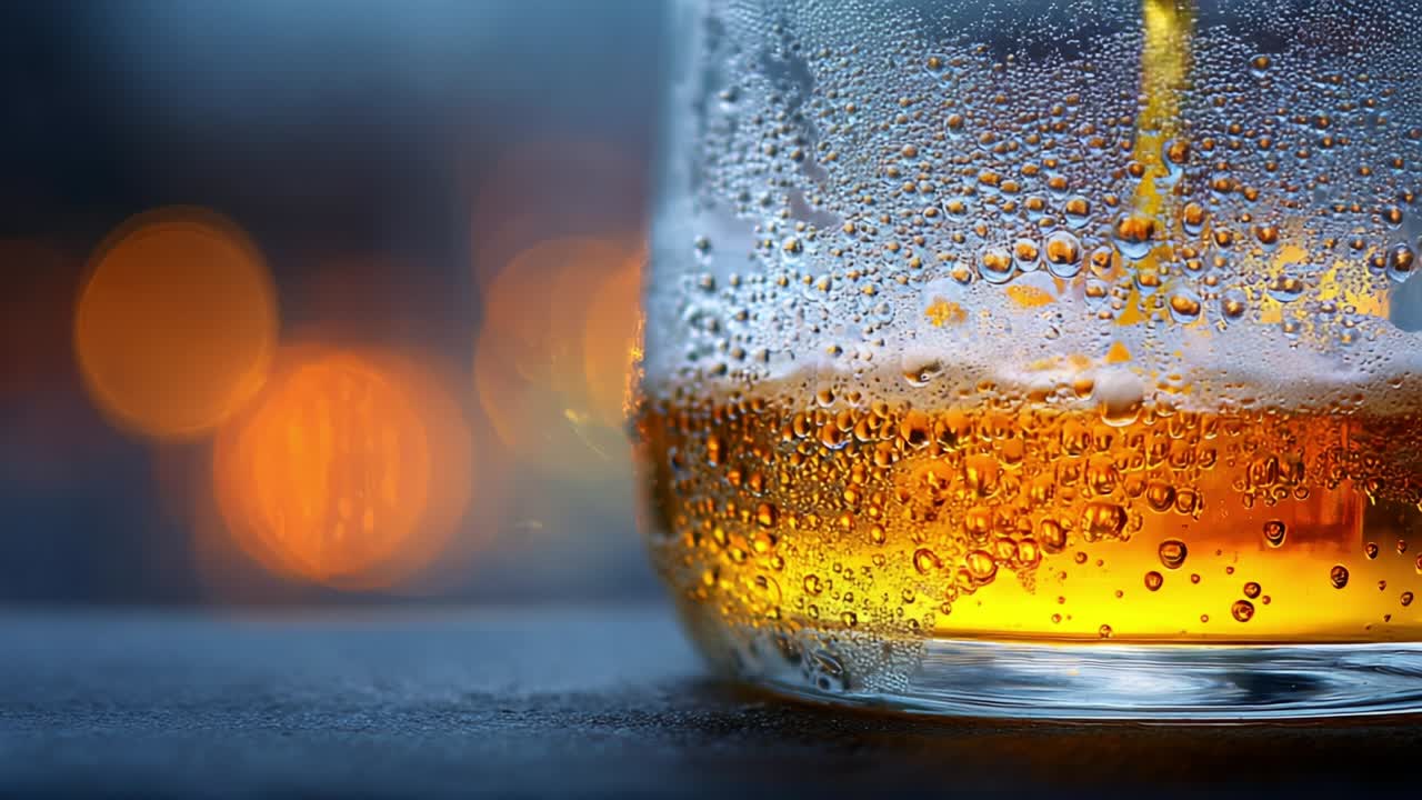 A Close-Up Perspective of Condensation on a Glass Filled with Amber Liquid, Capturing the Play of Light and Texture in a Dimly Lit Environment, Evoking Warmth and Refreshment