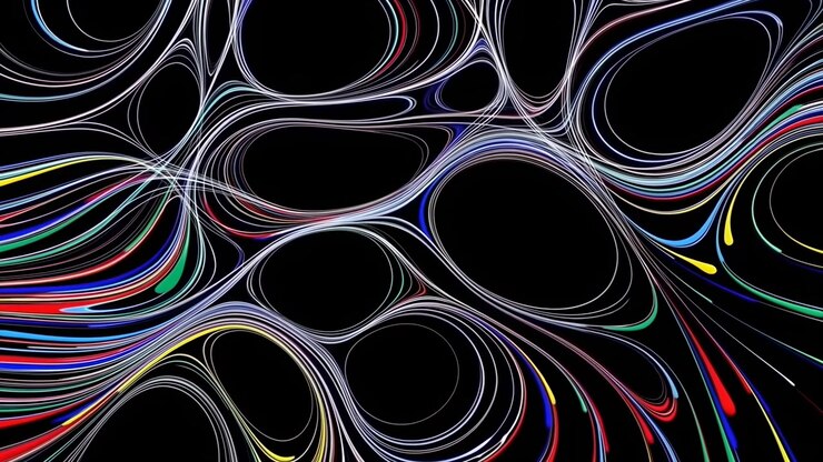 Rede de Fitas Escuras com Linhas Fluindo Sobre Espaço Negativo Preto, Traços Luminosos Finos Tecendo-se em Células Orgânicas