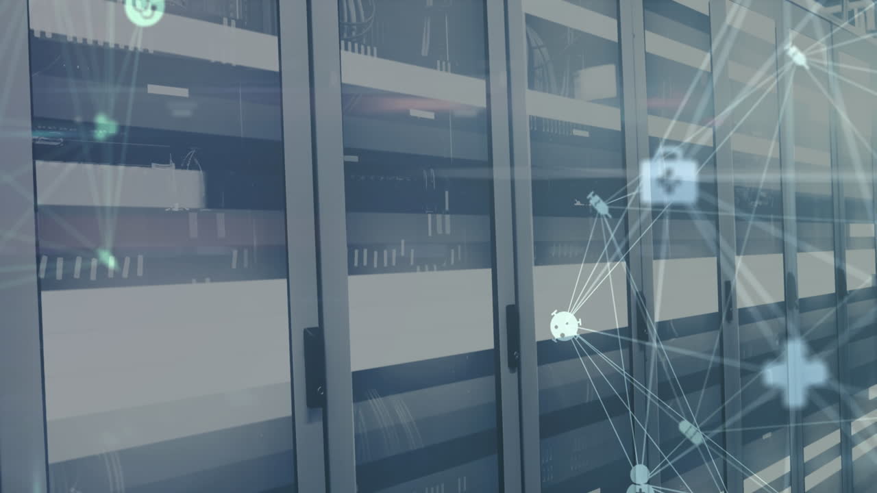 컴퓨터 서버 방에 대한 의료 아이콘과 빛의 흔적의 회전 지구의 애니메이션