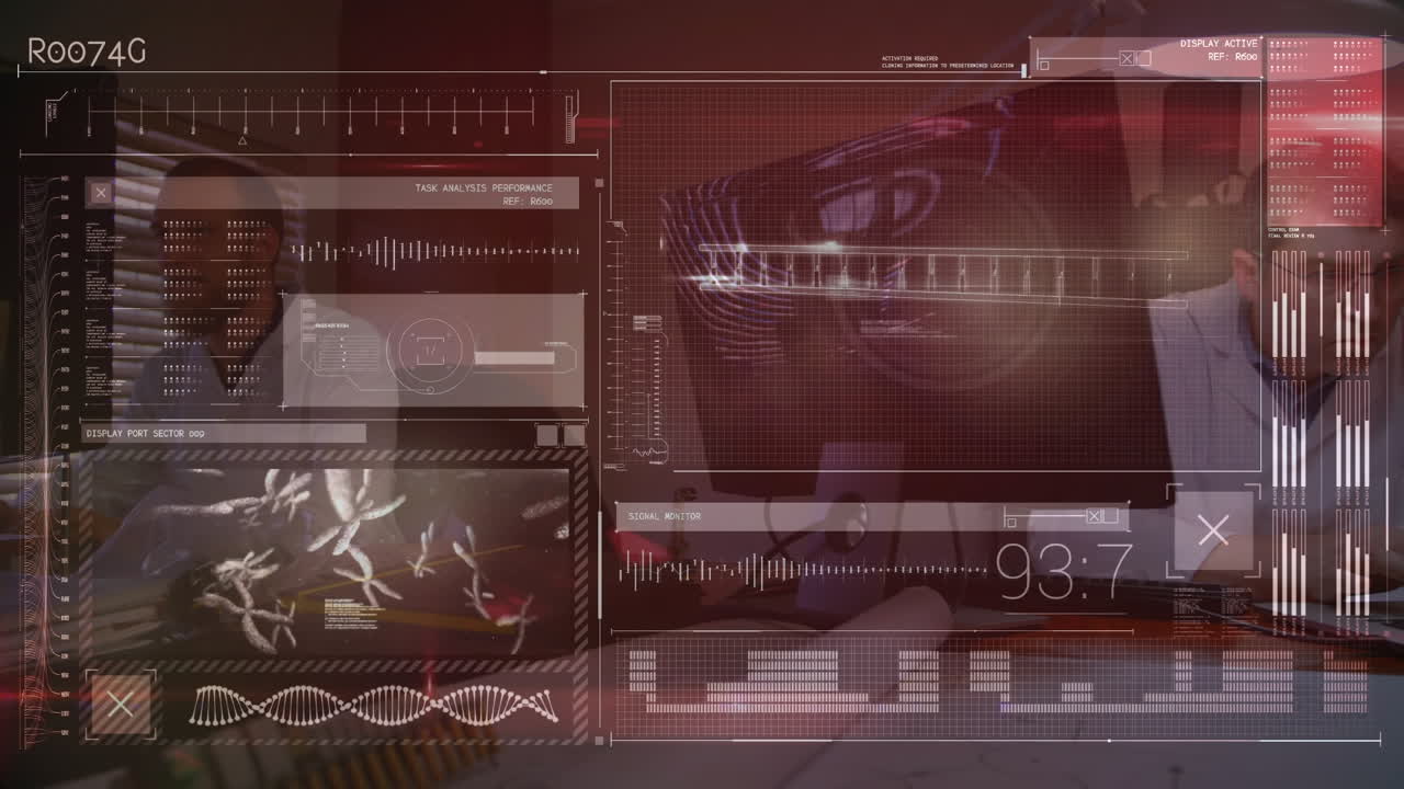 Animation of data processing on screen over businessman in fast working in office