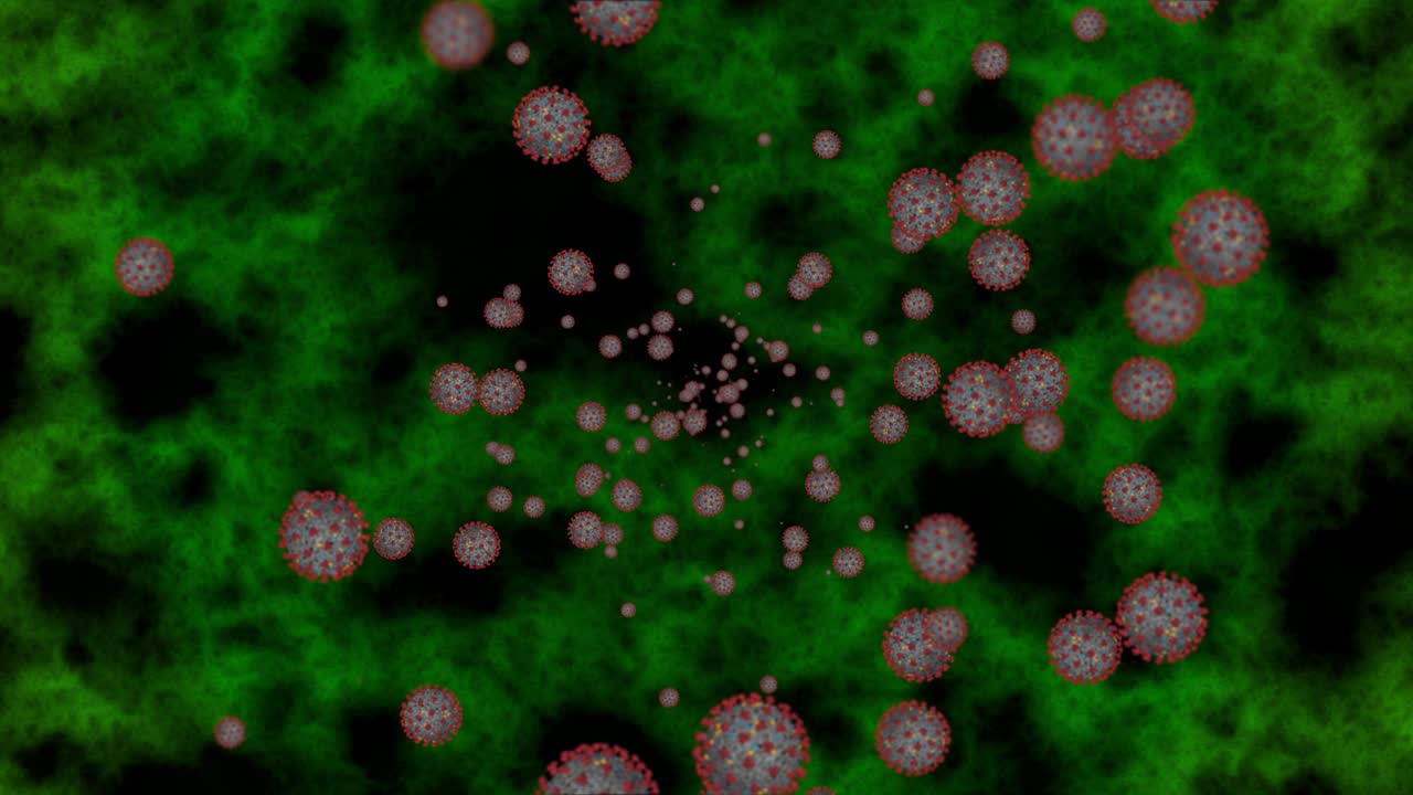 células de coronavirus covid-19 enfermedad infecciosa en fondo verde. rápida transmisión de la enfermedad. alta concentración de coronavirus. bucle de renderización 3d 4k