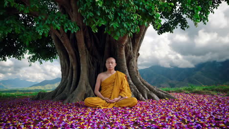 buddhist monk meditating under a large tree