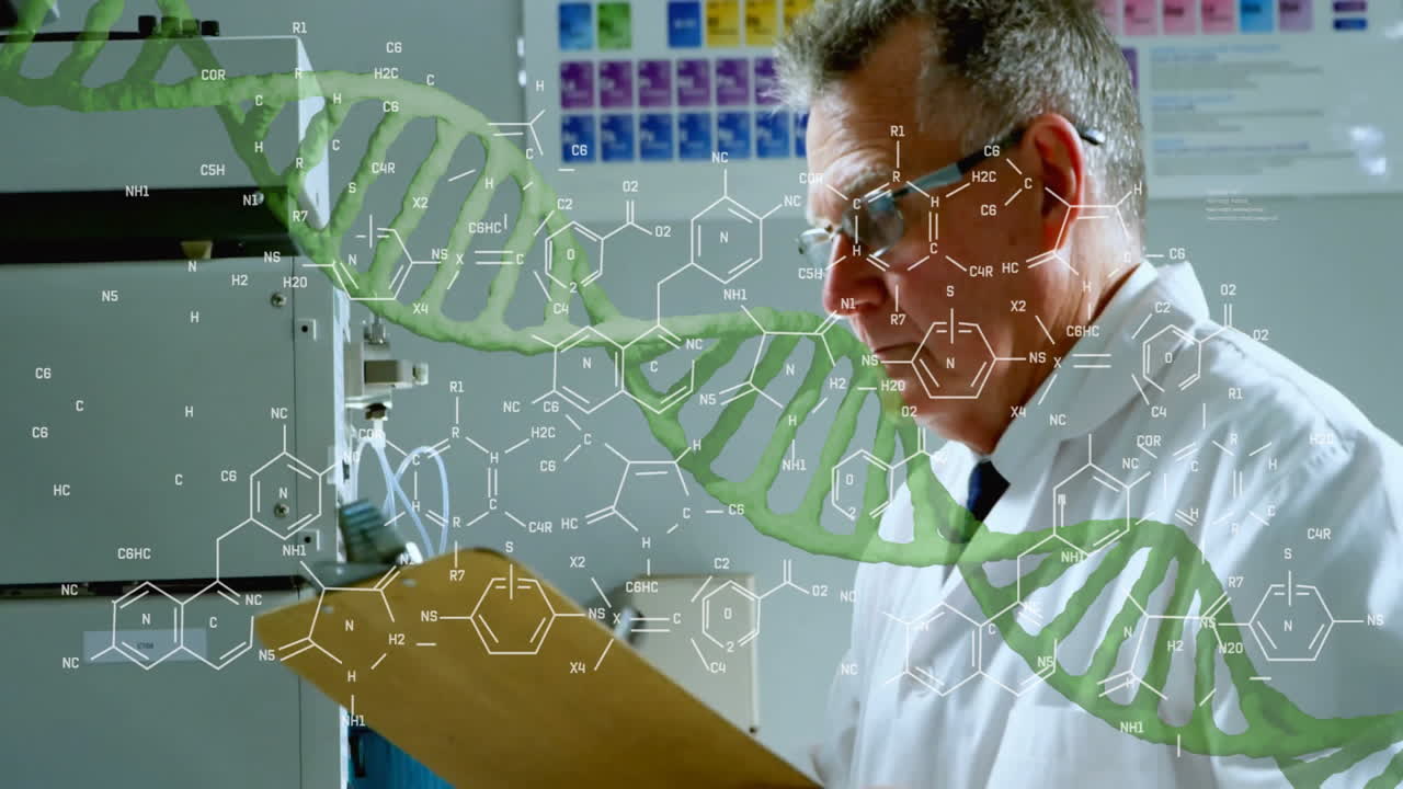 Animation of dna strand and chemical formula over caucasian male scientist writing on clipboard