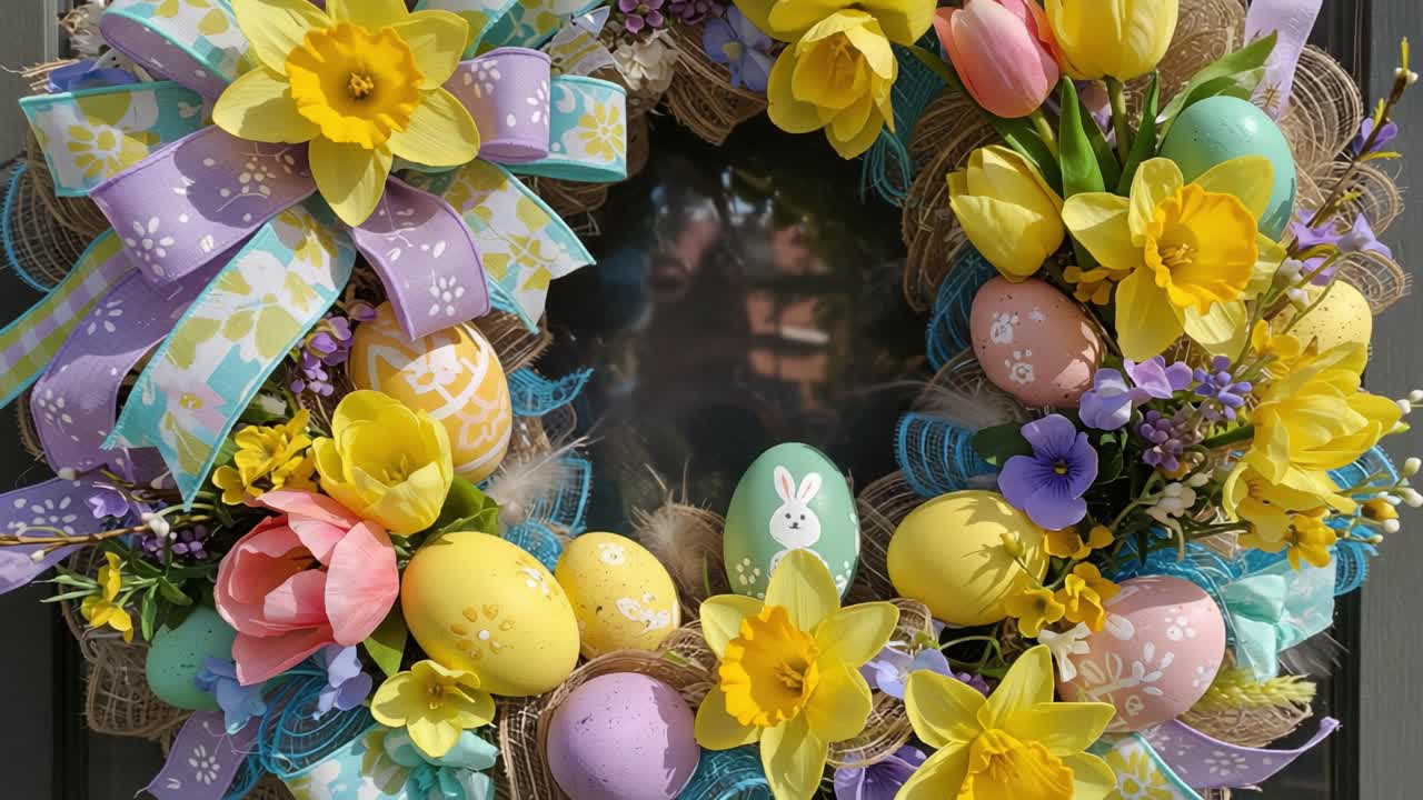 A Vibrant Spring Celebration with a Beautiful Wreath adorned with Colorful Flowers and Decorative Eggs, Perfect for Welcoming the Season of Renewal and Joy