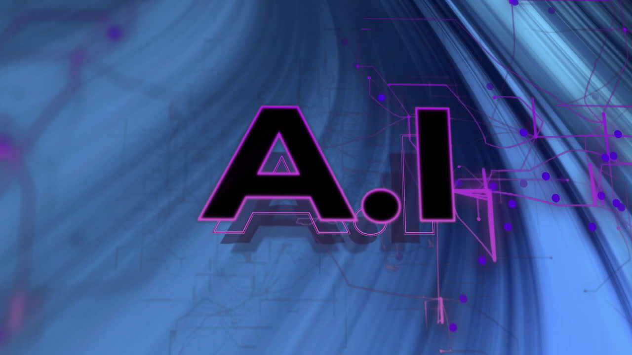 Animation of ai text over light trails on blue background
