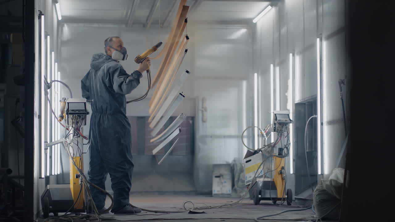 A man in a protective suit and mask sprays paint through a spray gun in slow motion on steel parts.