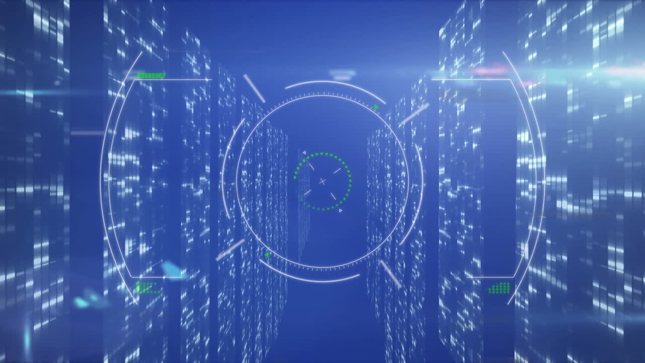 컴퓨터 서버와 함께 기술 방에서 스 ⁇  스캐닝과 데이터 처리의 애니메이션