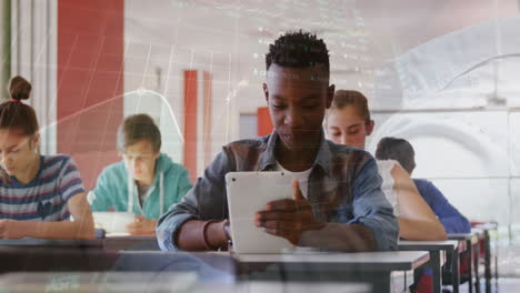 animation of graphs and trading board over multiracial students using digital tablet in classroom