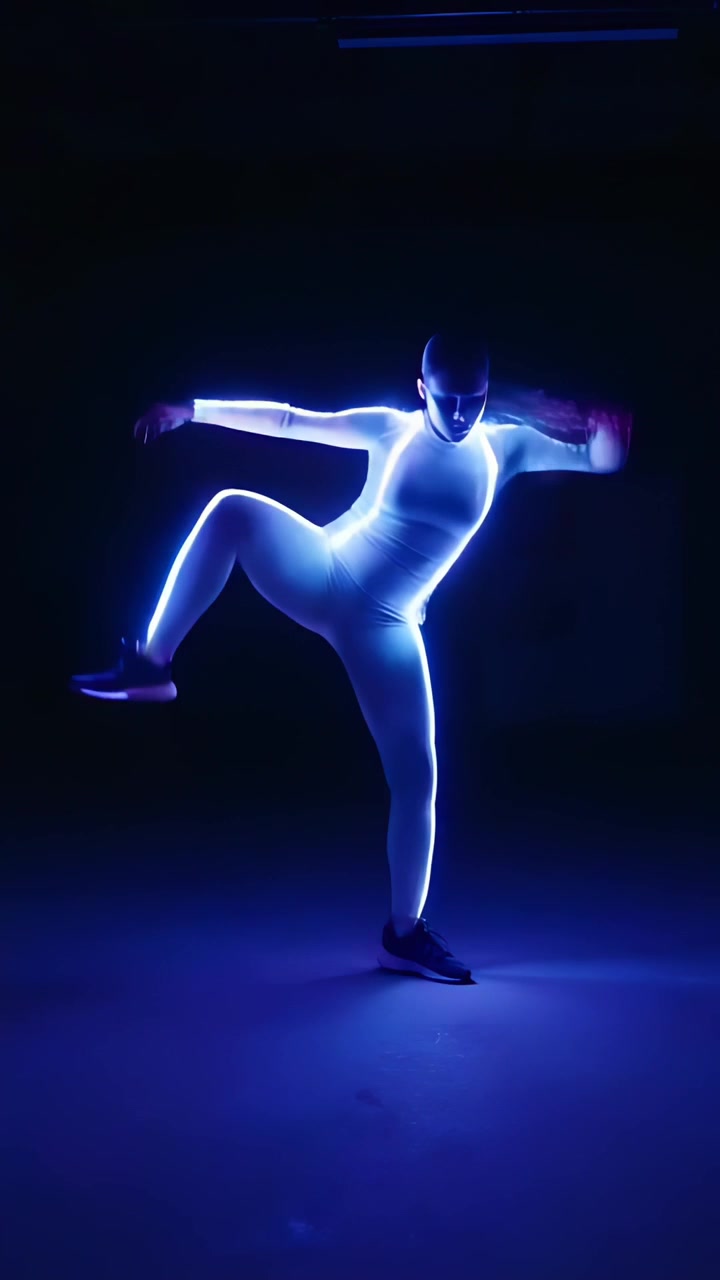 Video verticale: Artista che entra da sinistra ballando su un palco buio, con una tuta LED che cambia colore dal verde al rosa.