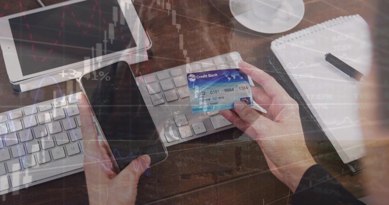 Animation of financial data processing over people using smartphone and payment terminal