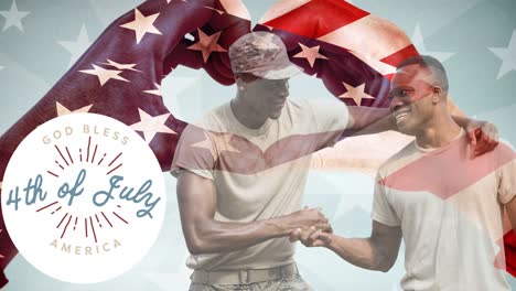 animation of 4th of july text with male soldiers shaking hands over american flag