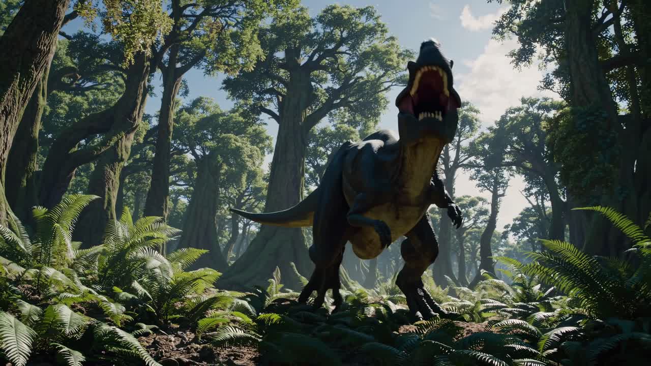 Low-angle video still of a roaring dinosaur in a lush forest, capturing a dramatic and immersive