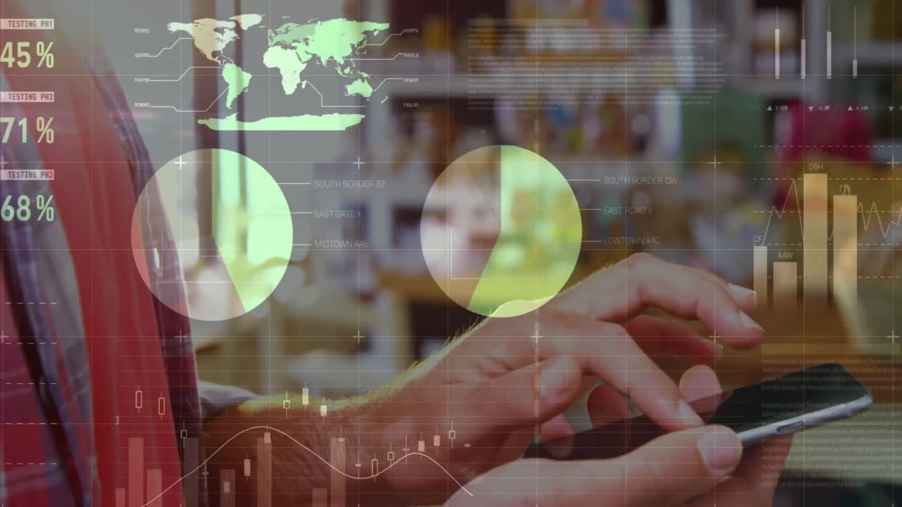 animación de estadísticas y procesamiento de datos sobre mujeres que usan teléfonos inteligentes