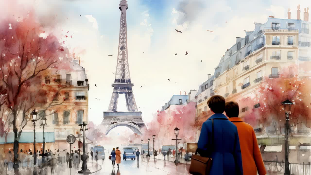 Watercolor style video scene of Paris street with Eiffel Tower