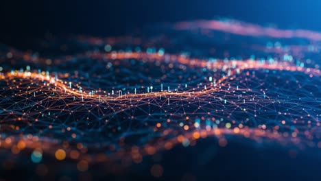 abstract digital visualization depicting a dynamic network of interconnected nodes and pathways, showcasing vibrant lights and intricate patterns on a dark background