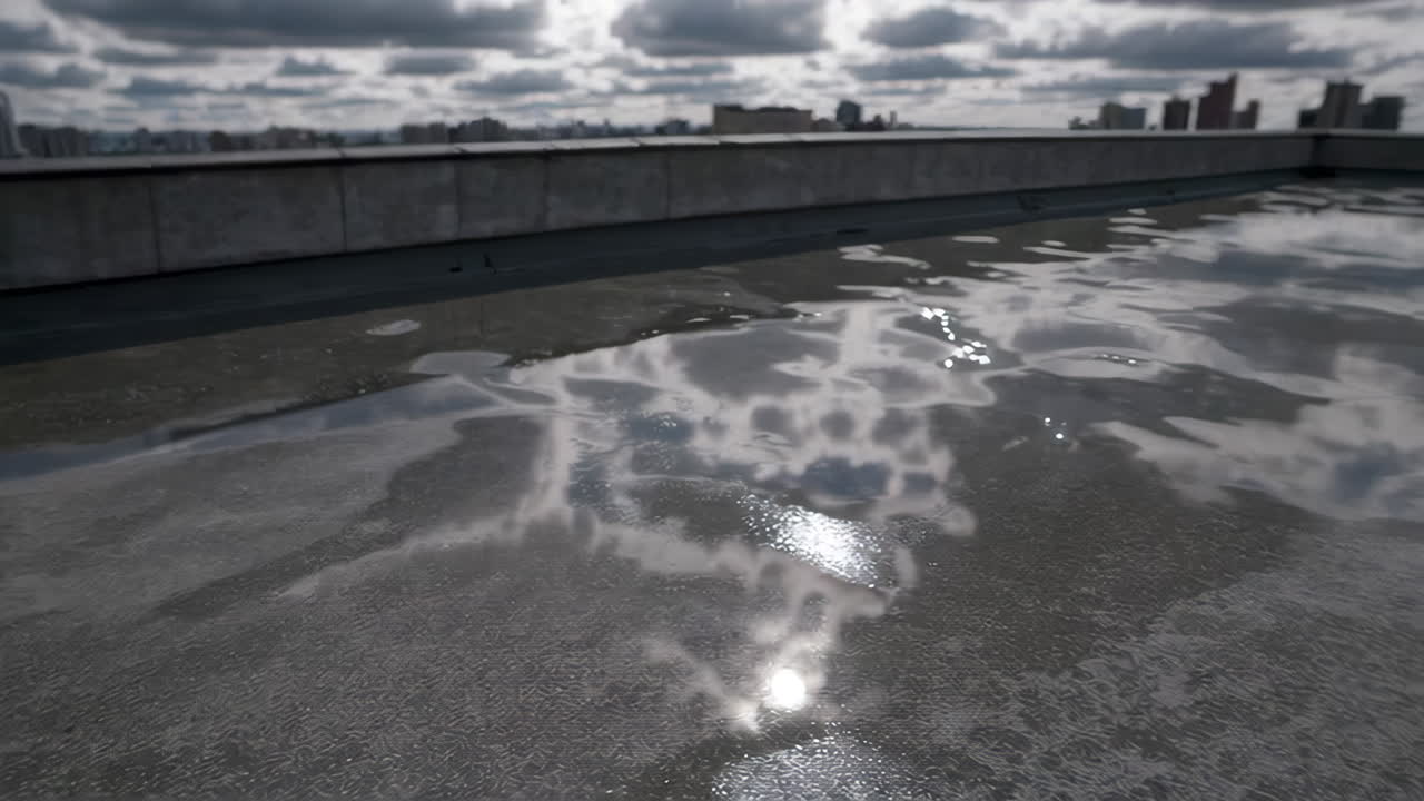Water Puddle on Rooftop Reflecting Clouds and Cityscape