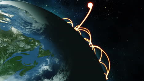 illuminated earth with orange connections and sunrise, image by nasa.org.