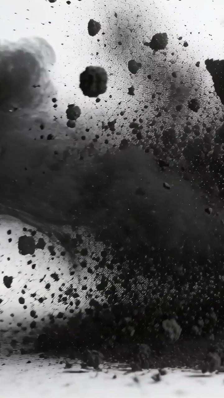 Vidéo verticale : Traînées filamenteuses formant un panache s'élevant en studio, créant de la poussière et des fragments.