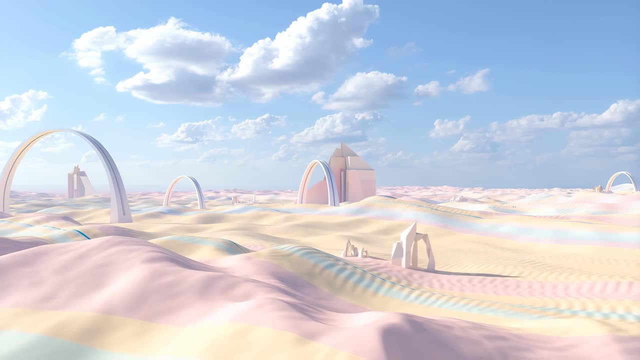 Surreal Pastel Landscape with Geometric Arches