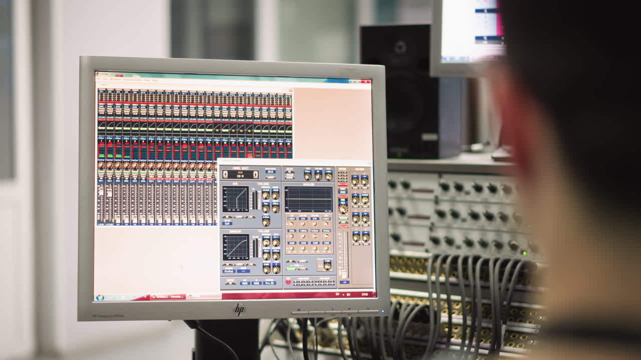 Close-up view of computer screen displaying audio mixer or broadcast control software with detailed settings, professional studio or broadcast environment, control room technology