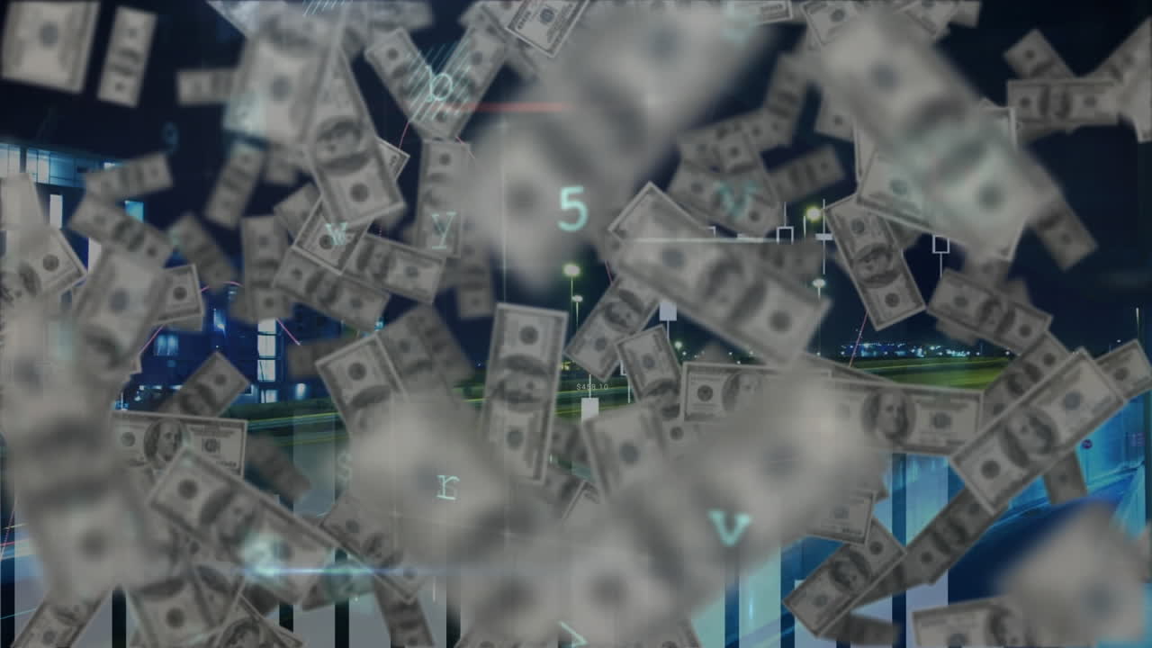 바이러스 경보의 애니메이션과 떨어지는 달러 지폐에 대한 데이터 처리