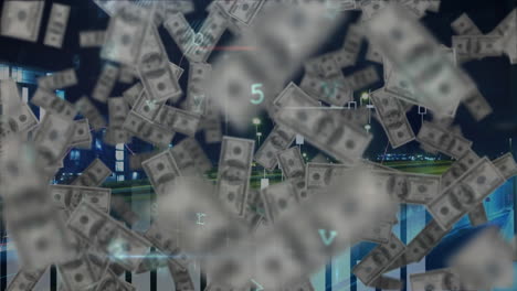 animation of virus alert and data processing over falling dollar banknotes
