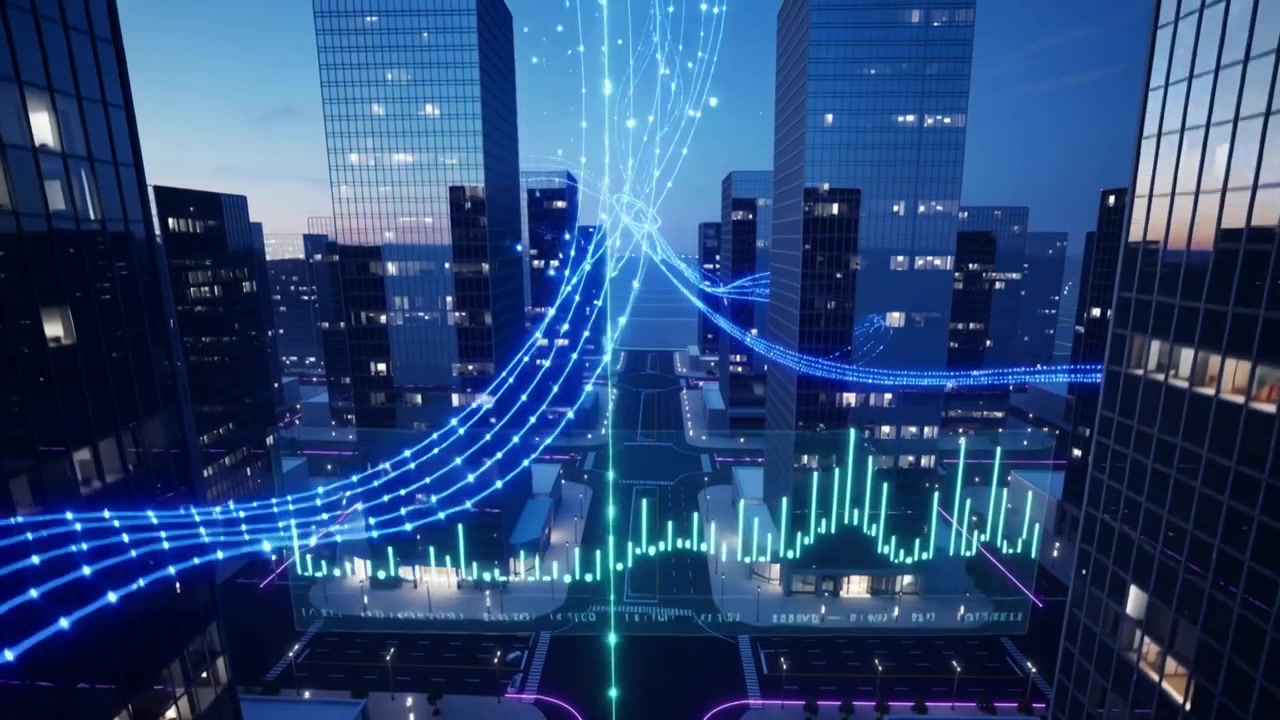 Rising blue data ribbons responding to pulse, threading streets at dusk, linking nodes and markers