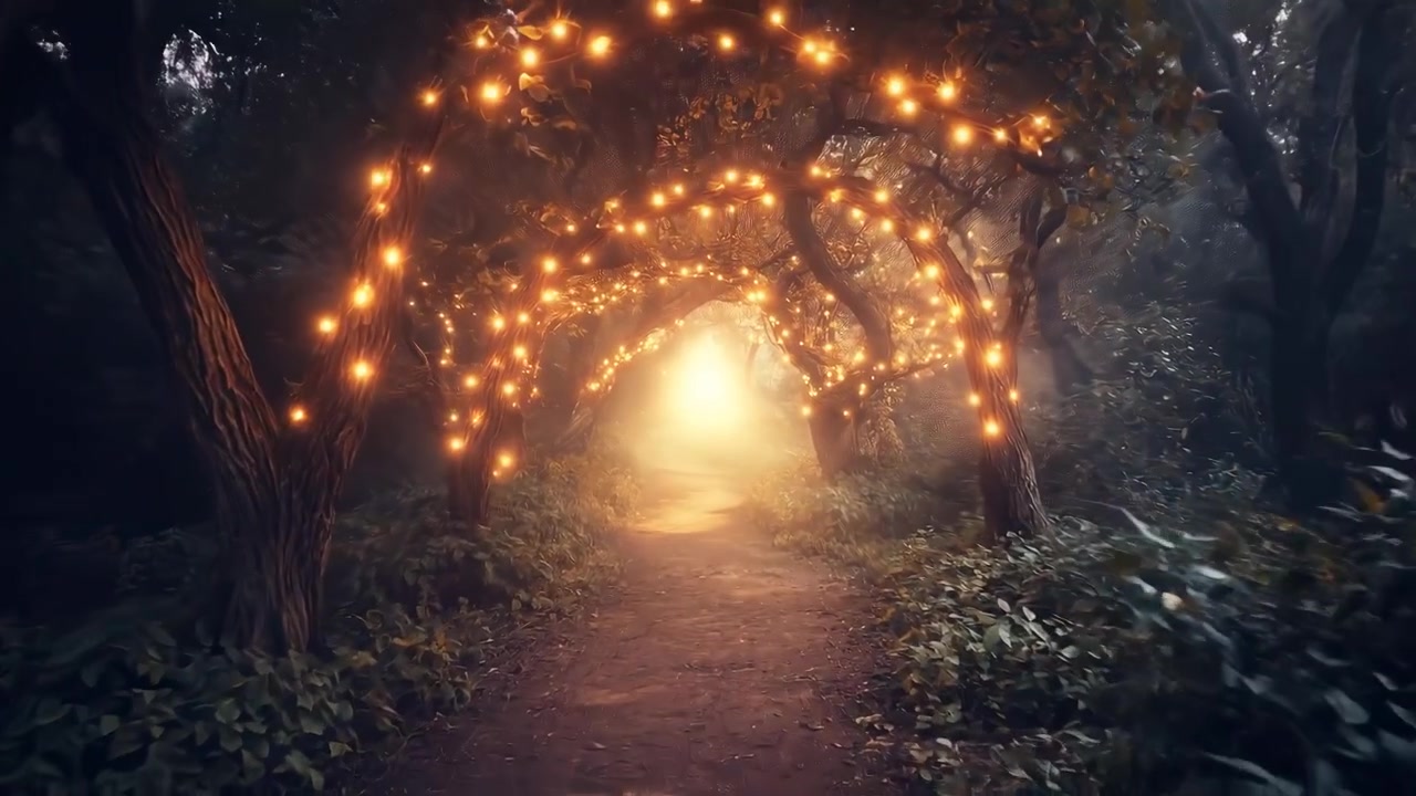 Sentiero Incantevole nel Bosco Illuminato da Calde Luci a Catena
