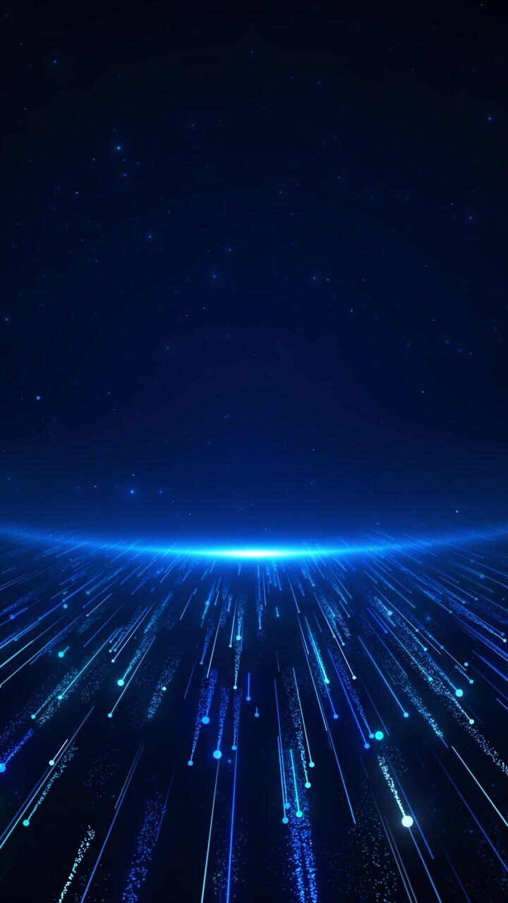 Orizzonte visivo con luce ciano, scie di velocità, particelle luminose, spazio blu profondo e profondità tecnologica futuristica