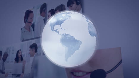 animación del globo sobre la gente de negocios usando auriculares de teléfono