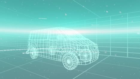 animation of data processing over 3d drawing model of van and grid