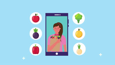 mujer en teléfono inteligente con comida fresca y saludable