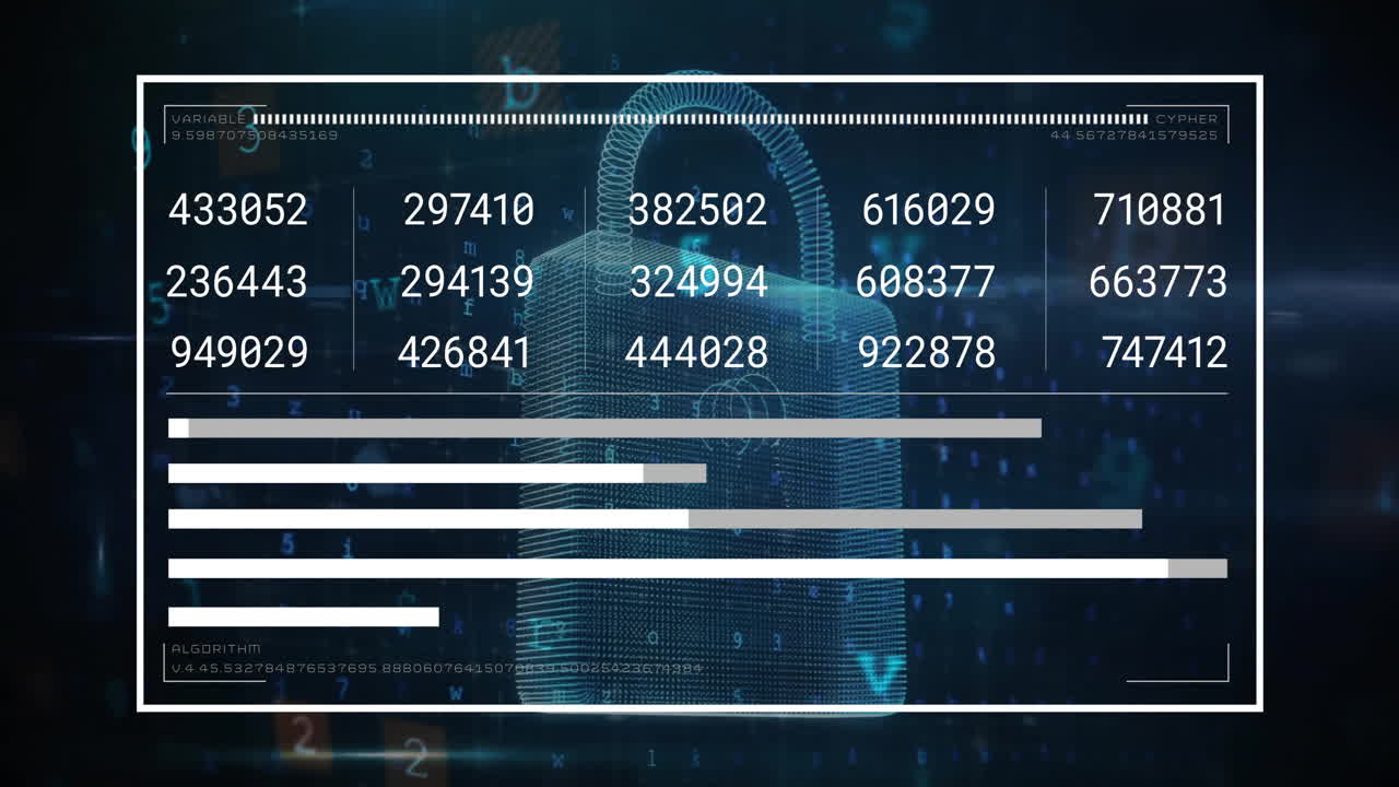 animación del procesamiento de datos digitales y el candado en fondo oscuro