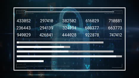 animation of digital data processing and padlock on dark background