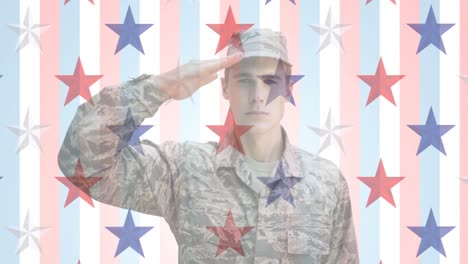 animation of stars coloured in american flag and soldier saluting over stripes background