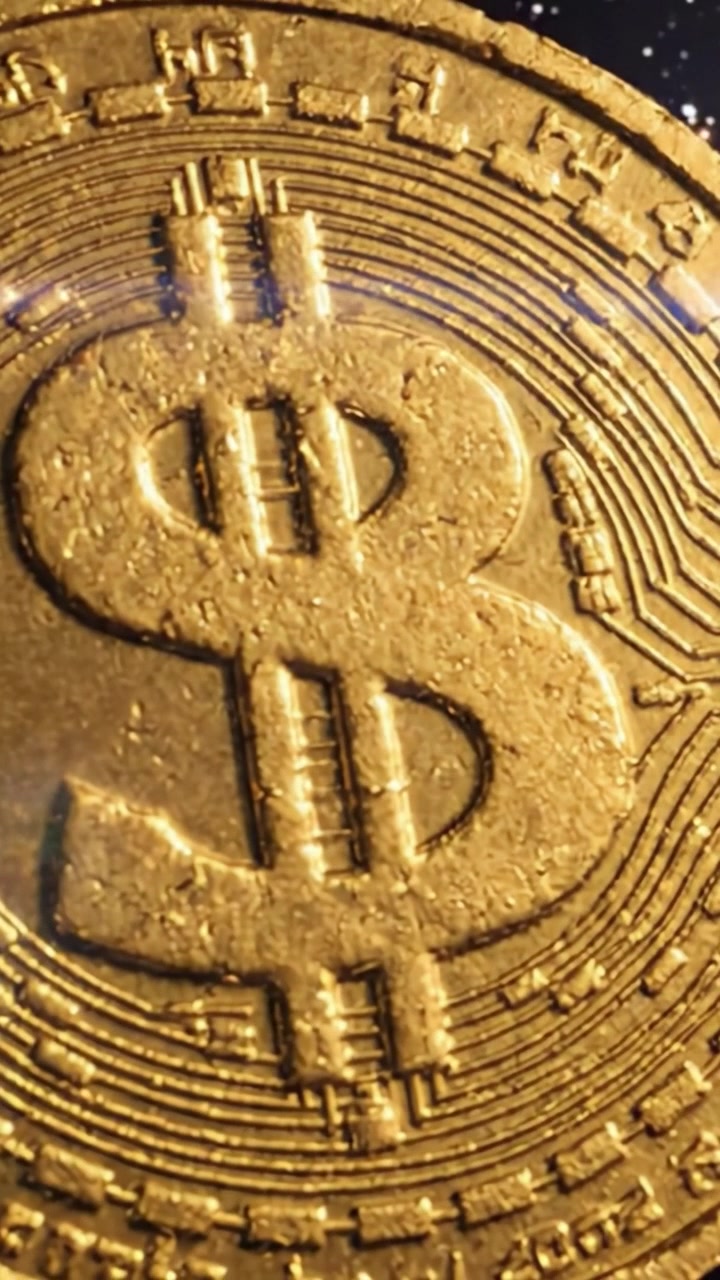 Uno sguardo al valore cosmico: Una moneta d'oro da un dollaro che luccica su uno sfondo stellato, a simboleggiare ricchezza e valuta nell'universo.