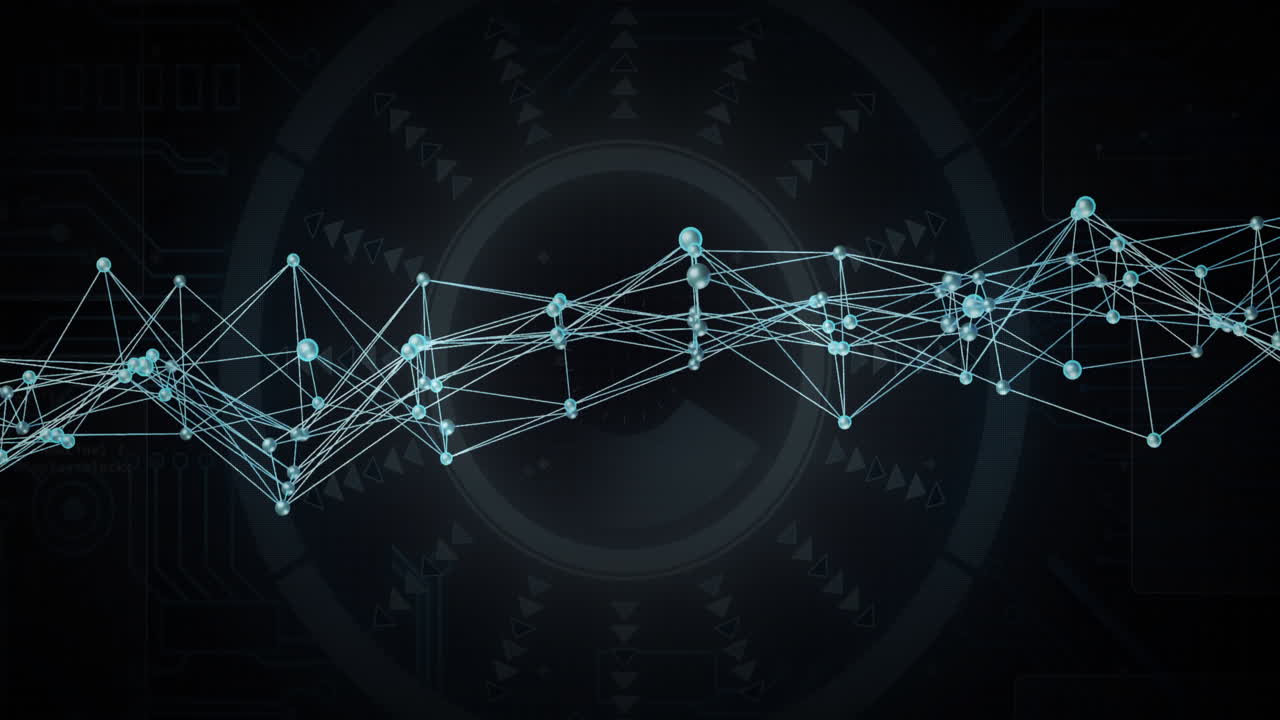 Network graph glowing turquoise nodes connecting light-blue lines around circular interface