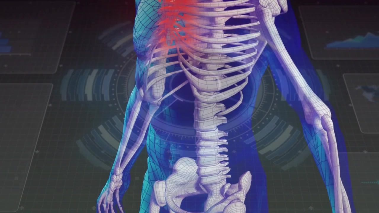 On appearance 3D torso rotating revealing skeleton under scan arcs and data panels for diagnosis