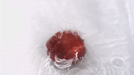 manzana cayendo en el agua en súper cámara lenta