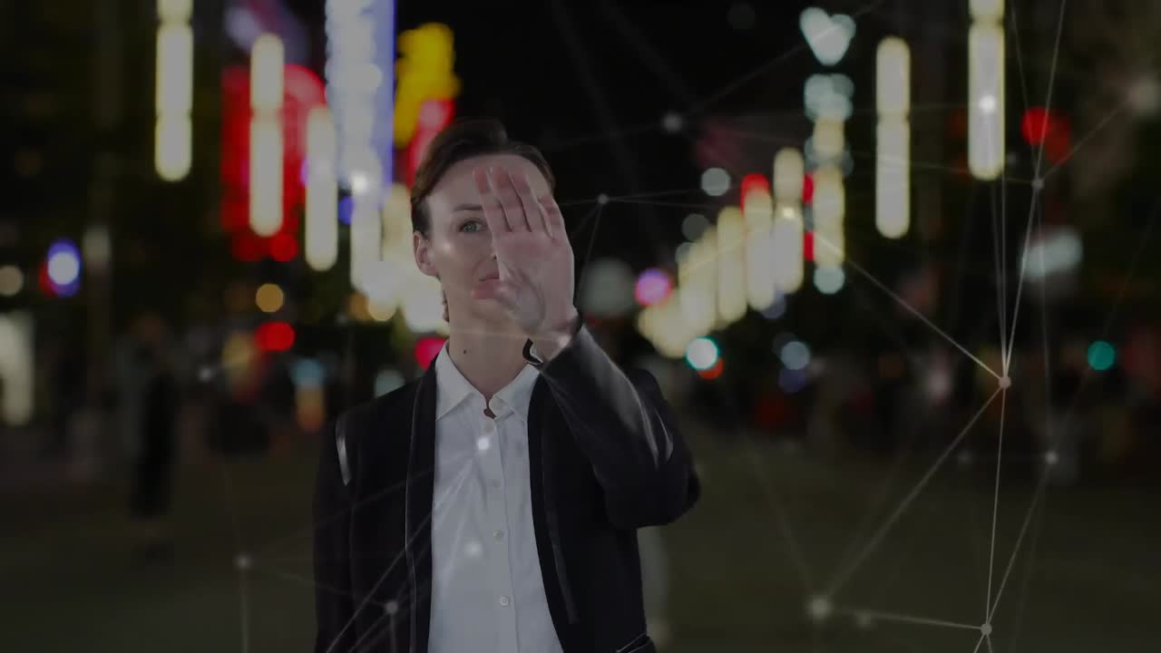 가상 화면과 도시 풍경에 대한 연결 네트워크를 만지는 백인 여성의 애니메이션