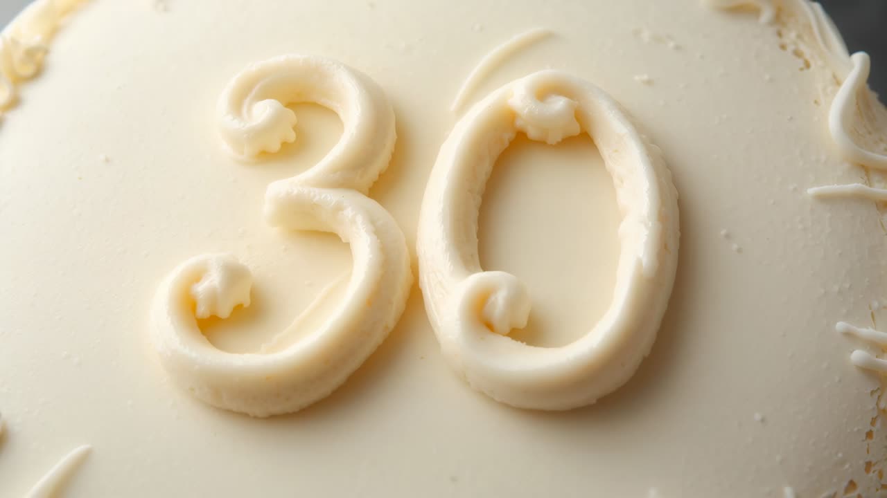 Recording starting, camera moving inward to reveal round cream cake top on dark board, piped 30